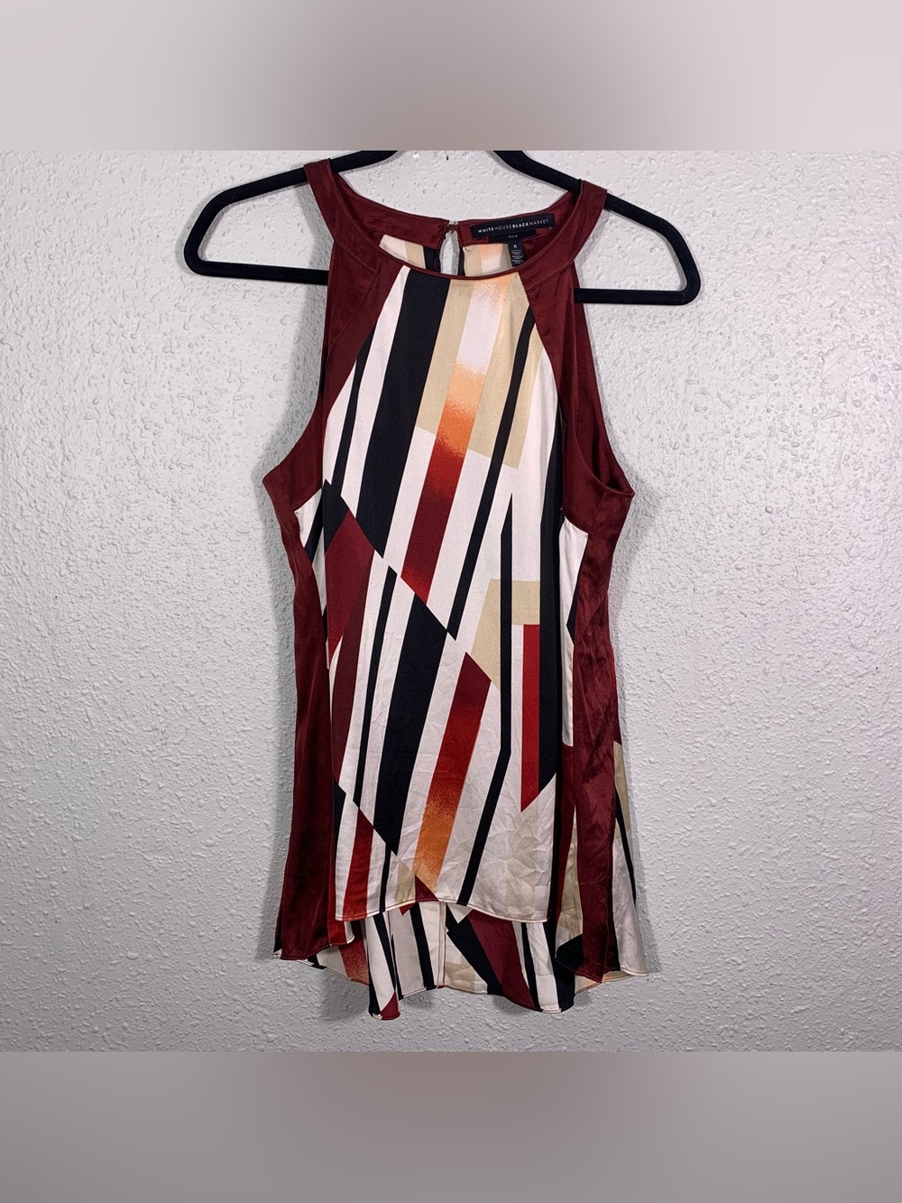 WHBM Stretch Silk Burgundy, Cream, Black Sleeveless Blouse size 8